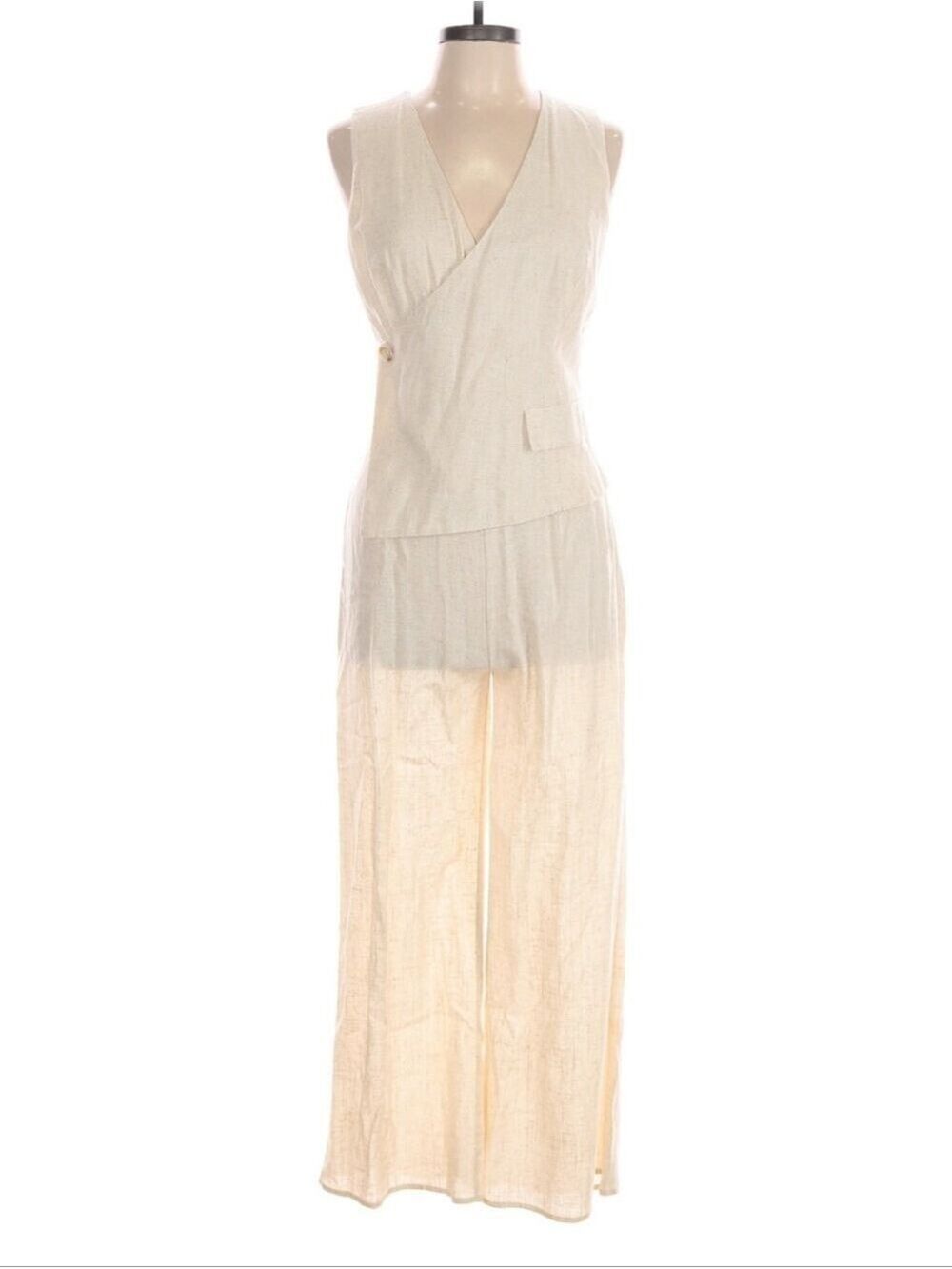 Aakaa Linen Blend Sleeveless Wrap Jumpsuit Cream Beige Wide Leg Large